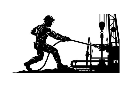  A silhouette of an oil rig worker pulling a thick rope during drilling operations, muscular action pose, solid black, isolated on a white background