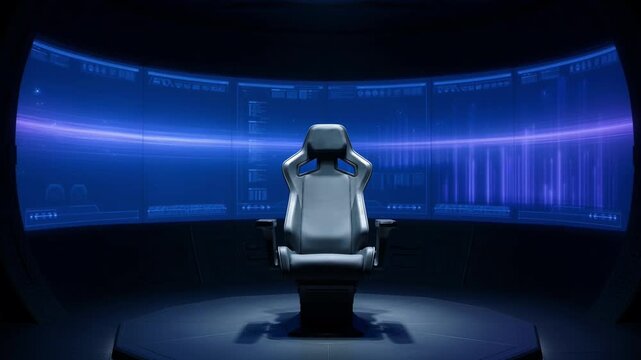 Futuristic command center with a pilot chair and digital data screens in a spaceship bridge