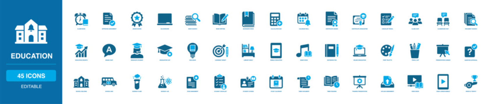 Education Solid Icon Set featuring alarm book, approved assignment, award badge, blackboard, graduation cap, science lab, student checklist, school building, video lesson and library shelf