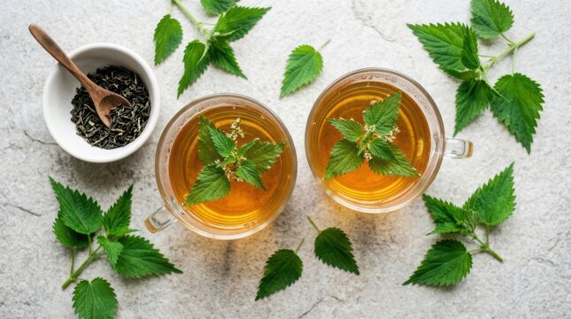 Two cups of herbal nettle tea with fresh leaves and dried tea