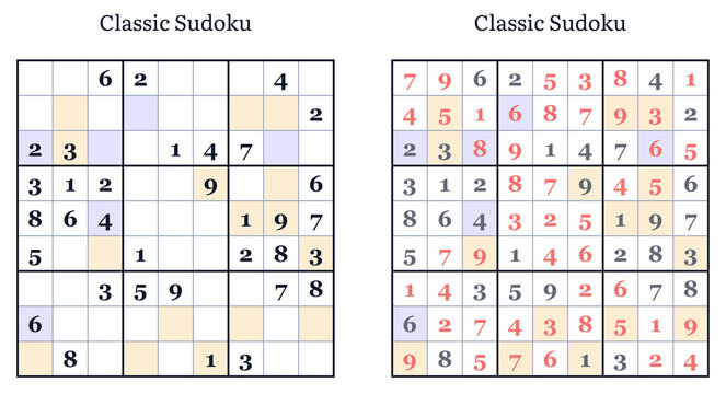 Classic sudoku puzzle with solution on white background