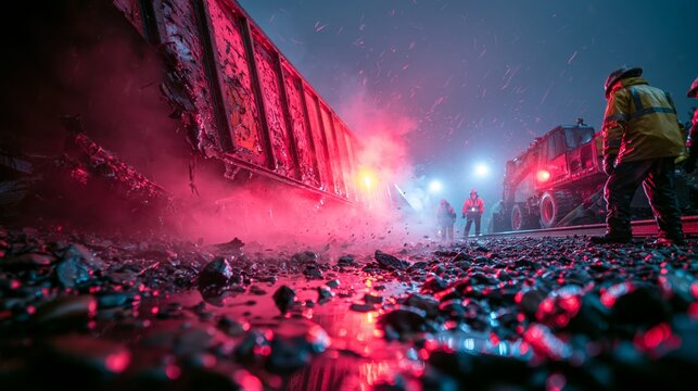 Workers and excavator at night train derailment maintenance scene