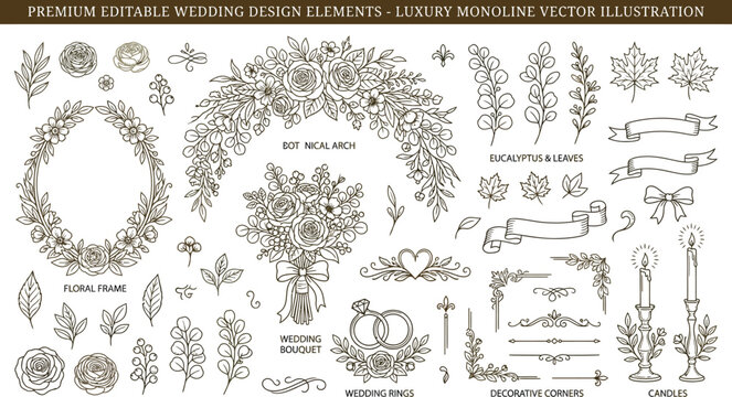 Luxury monoline vector illustration of premium editable wedding design elements including floral frames bouquets and decorative accents for invitations and cards