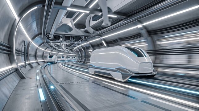 Futuristic autonomous cargo pods traveling inside high-tech transit tunnel