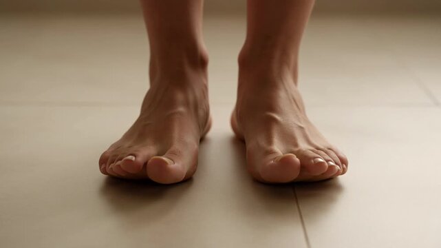 Close-up of bare human feet standing on a neutral tiled floor