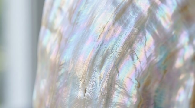 Iridescent Mother of Pearl surface texture with soft pastel light and shallow depth of field for luxury backgrounds