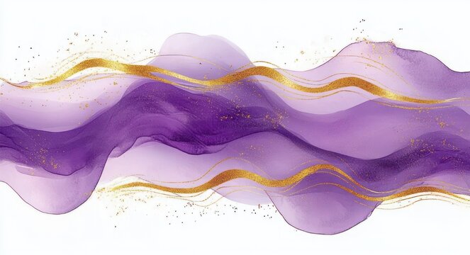elegant flowing purple watercolor ribbons and soft translucent waves with gold metallic accents on white background, calm and luxurious