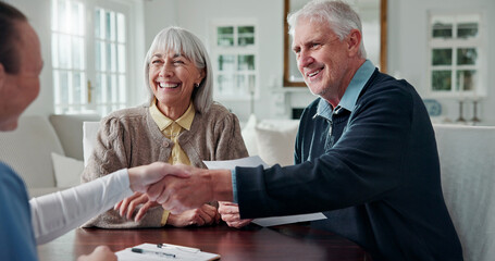 Fototapeta na wymiar Paperwork, nurse or handshake with old couple in home for homecare agreement, contract or consent. Form, caregiver or shaking hands with senior people for retirement program, deal or long term care
