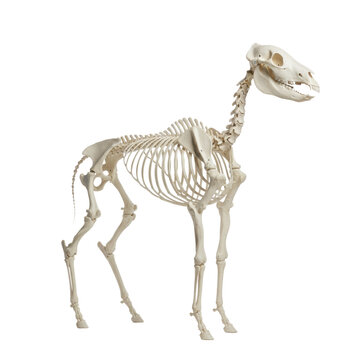 Full anatomical horse skeleton model with polished white bones standing in a neutral position against a transparent background, academic scientific atmosphere