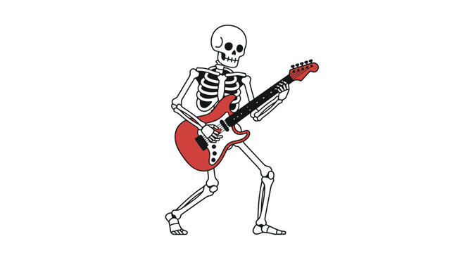 Skeleton rock star playing a red electric guitar