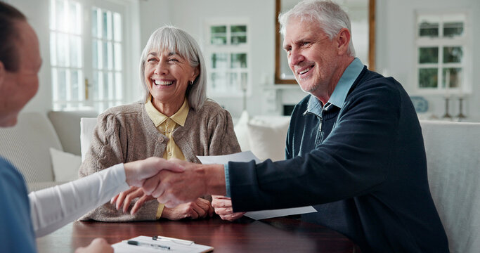 Paperwork, nurse or handshake with old couple in home for homecare agreement, contract or consent. Form, caregiver or shaking hands with senior people for retirement program, deal or long term care