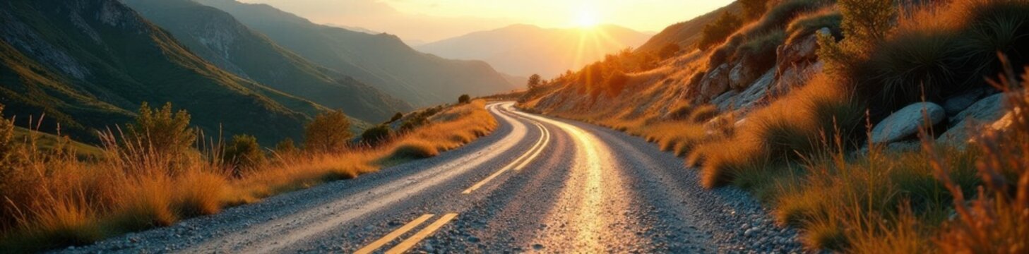 High altitude shot, winding gravel road, car tire impressions, car tracks, background, dust
