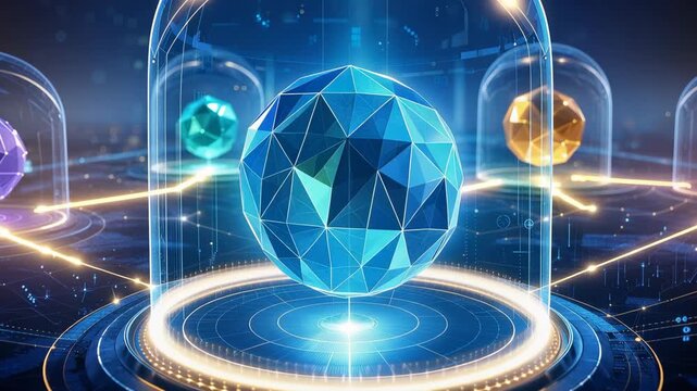 Colorful geometric spheres enclosed in digital protective domes over a network grid