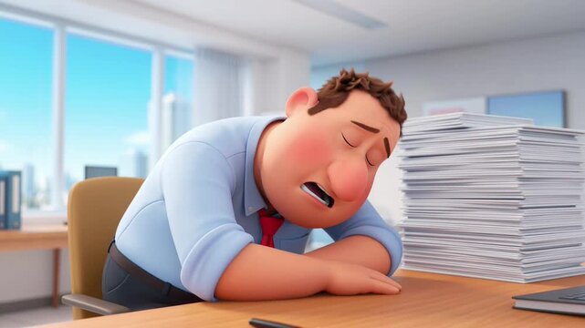 Tired 3D cartoon businessman sleeping at office desk with a large stack of documents
