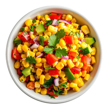 Vibrant corn salad with red bell pepper cucumber red onion and cilantro in a white bowl isolated on white background