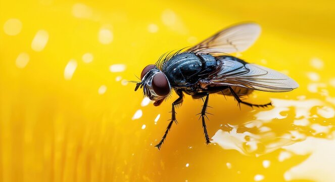 macro close-up of a black fly perched on a glossy yellow surface with liquid droplets, showing detailed compound eyes, translucent wings and bristly legs in intense focused stillness
