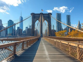 Fototapeta premium sunlit pedestrian walkway on a historic suspension bridge with stone towers, city skyline, autumn trees and a waving flag, calm and inviting atmosphere