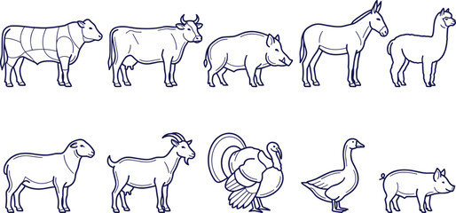 Obraz premium Farm Animal Outline Collection Featuring Cow Bull Pig Donkey Alpaca Sheep Goat Turkey Goose and Livestock Vector Illustration Set