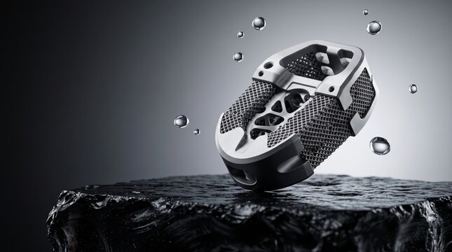 Advanced 3D Printed Metal Component with Lattice Structure and Floating Water Droplets.