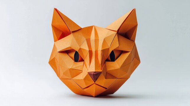orange geometric paper cat head sculpture with folded facets on white background, calm curious expression