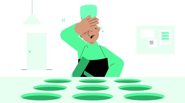 Stressed Chef Holding Head in Panic standing Over Multiple Kitchen Stoves Animation