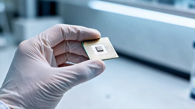 Hand holding microchip in lab
