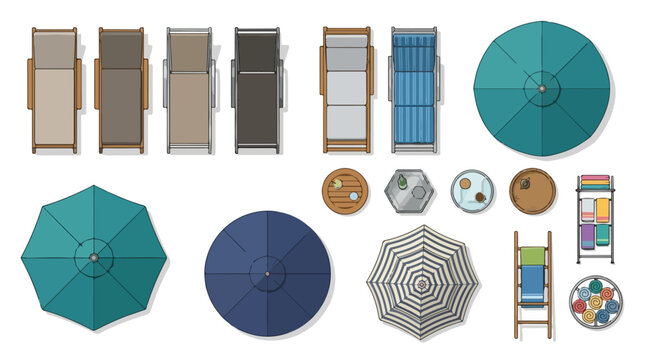 Top view outdoor furniture set, patio lounge chairs and beach umbrellas vector, architectural landscape plan elements for pool and garden design