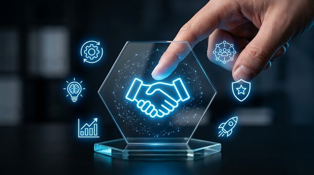 A human finger touching a glowing blue hexagonal interface with a handshake symbolizing business partnership and cooperation