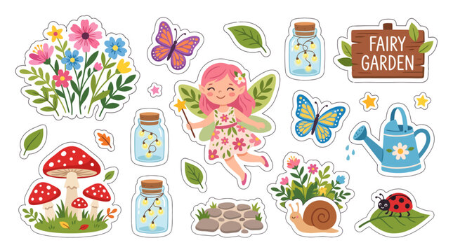 Whimsical garden fairy sticker set with butterflies and flowers