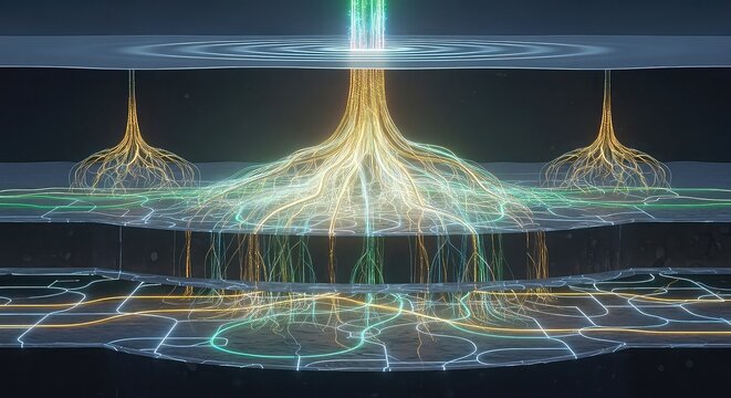 Glowing network roots connecting digital data layers underground