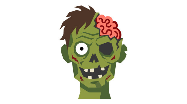Zombie head with exposed pink brain and green skin