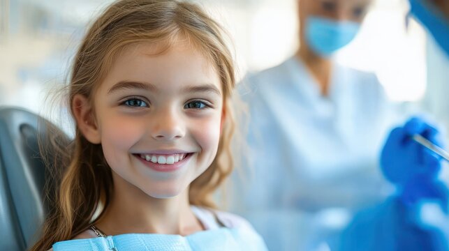 young girl sitting in a dental chair wearing a bib while a masked dentist in blue gloves prepares a dental instrument, patient appearing apprehensive during a dental checkup