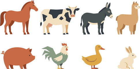 Fototapeta premium Farm Animal Collection Featuring Horse Cow Donkey Llama Pig Rooster Duck and Rabbit Flat Livestock Vector Illustration Set