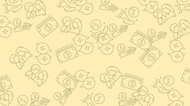 Money icons speech bubbles people silhouettes yellow background pattern finance design suitable for financial presentations, social media, business websites.