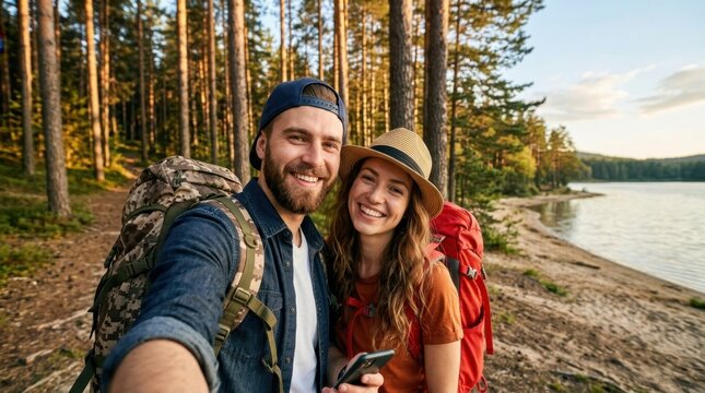 Happy young couple taking a selfie while hiking in a beautiful pine forest near a lake during sunset, carrying backpacks and enjoying nature together.