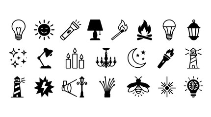 Thirty light‑related icons including bulbs, lamps, candles, torches, and stars in black silhouettes symbolizing illumination, energy, and creativity © Murtaza