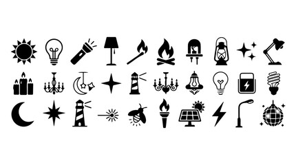 Thirty light‑related icons including bulbs, lamps, candles, torches, and stars in black silhouettes symbolizing illumination, energy, and creativity © Murtaza