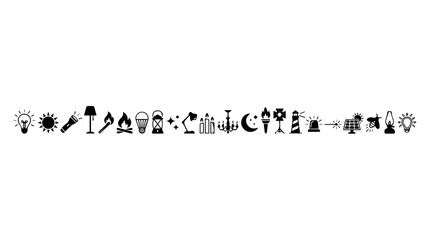Thirty light‑related icons including bulbs, lamps, candles, torches, and stars in black silhouettes symbolizing illumination, energy, and creativity © Murtaza
