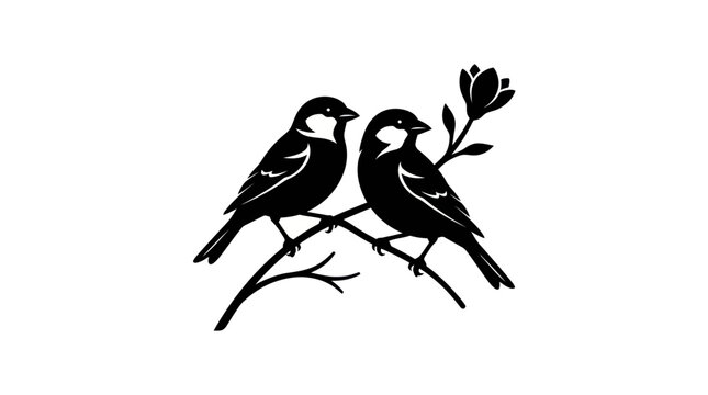 Two Sparrows on Branch Silhouette Vector