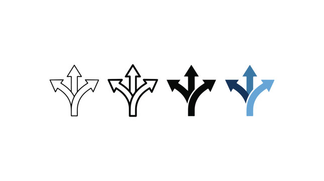 Four diverging arrow icons in outline, black, and blue styles symbolizing direction, decision‑making, and multiple pathway choices