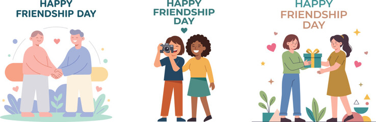 Happy friendship day illustration diverse friends celebrating together with gifts and photography © KaziMuhibbur