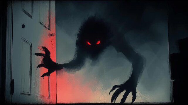 Shadowy monster figure with glowing red eyes emerging from doorway, horror concept with dark atmosphere, fear and suspense cinematic scene
