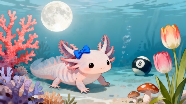 Underwater axolotl with moon and flowers