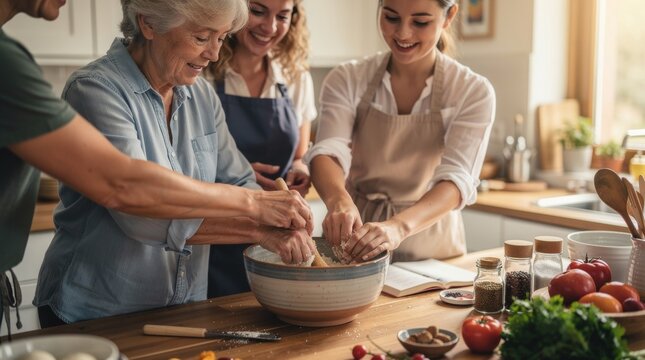 Three Generations of Women Baking Together in a Cozy Kitchen
