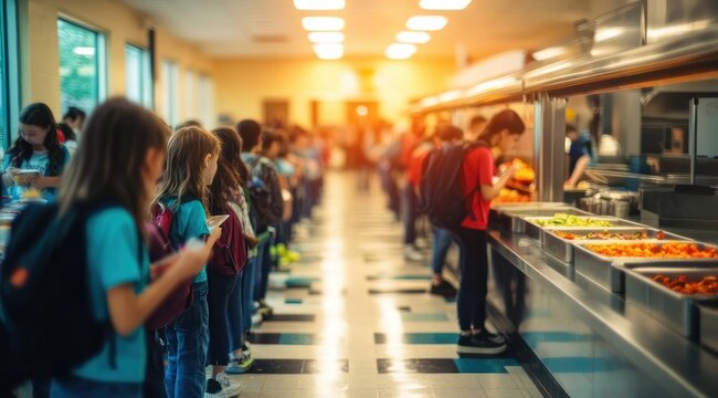 students waiting in a busy school cafeteria lunch line with backpacks, food trays on a stainless serving counter, tiled floor, windows and warm, anticipatory light