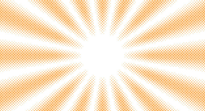 Bright orange halftone sunburst pattern with energetic radial rays and classic geometric dot texture for eye-catching designs