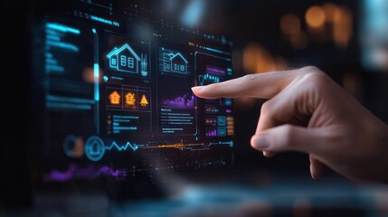 Fototapeta premium hand interacting with holographic smart home dashboard showing house icons, graphs, charts and data visualizations on a glowing transparent touchscreen, focused and engaged