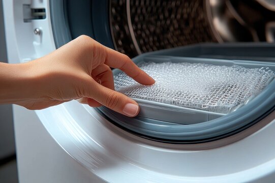 Hand checking a sudsy lint filter inside a front-loading washing machine, close-up conveying careful cleaning and domestic satisfaction