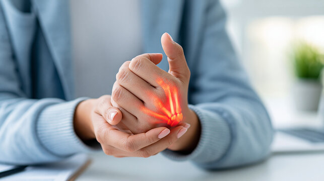 Man holding wrist in pain at desk with plant in background  