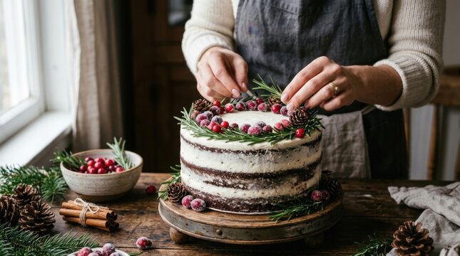 Hands Decorating a Festive Naked Layer Cake with Fresh Rosemary, Cranberries, and Pinecones for a Winter Holiday Celebration